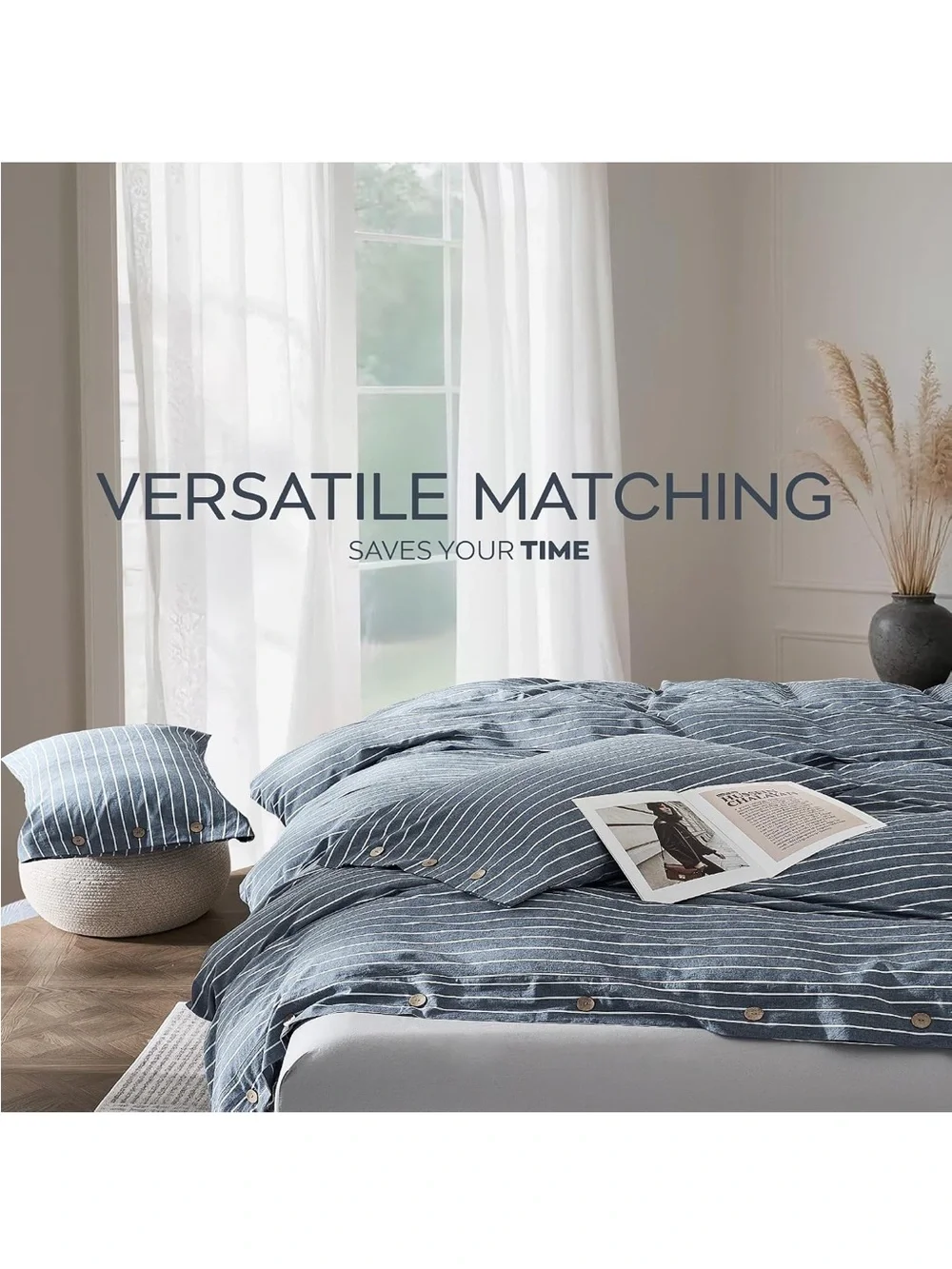 NEW JELLYMONI 100% Washed Cotton Striped Duvet Cover Set Full, Linen-Like